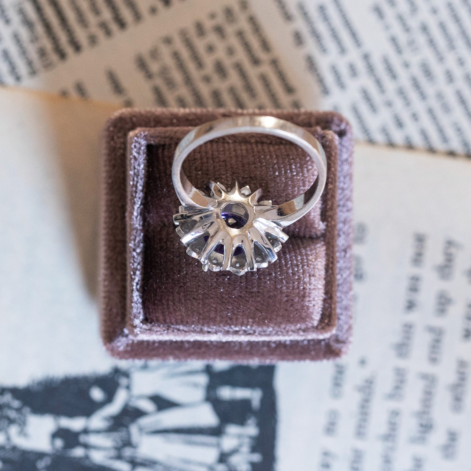 Bague Florale Vintage Années 70 - Argent Sterling, Améthyste Et Micassites - Taille 46