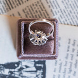 Vintage 14K white gold daisy ring with amethyst (approx. 3ct) and diamonds (approx. 0.12ctw), 70s