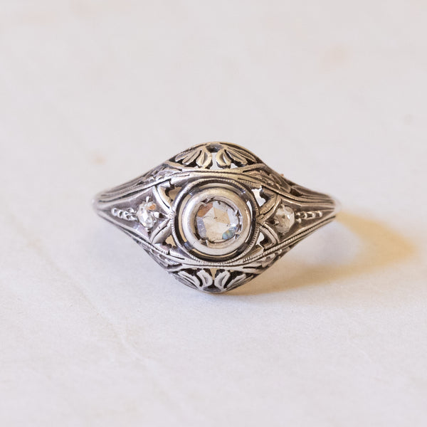 Anello di transizione Art Nouveau-Art Déco in oro 14K e argento con diamanti, anni '20/'30