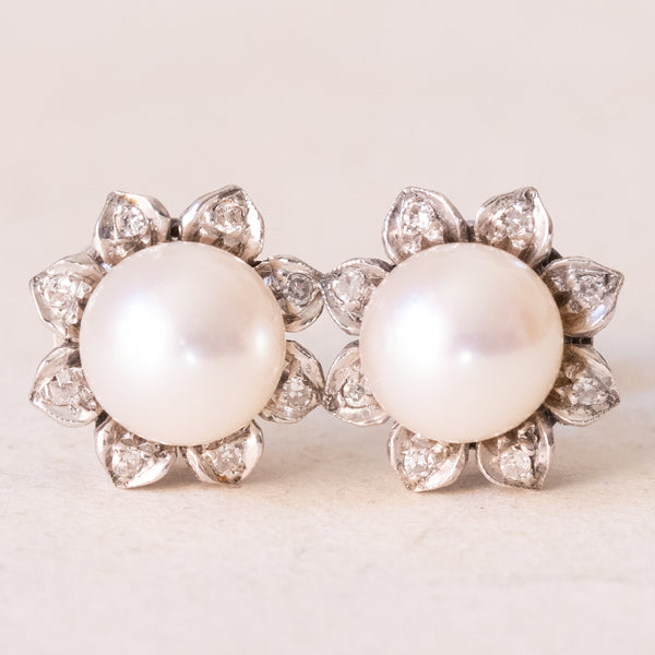 🌸Orecchini vintage in oro bianco 18K con perle e diamanti, anni ‘60