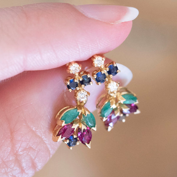 Vintage 18K gold earrings with diamonds, rubies, emeralds and sapphires, 70s / 80s