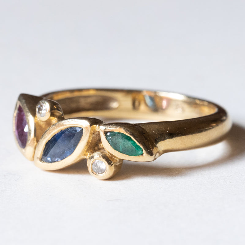 Vintage 14K gold ring with ruby, emerald, sapphire and diamonds (0.05ctw approx.), 1970s / 1980s