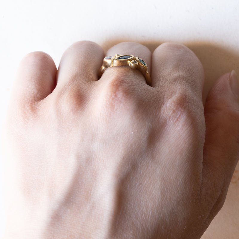 Vintage 14K gold ring with ruby, emerald, sapphire and diamonds (0.05ctw approx.), 1970s / 1980s