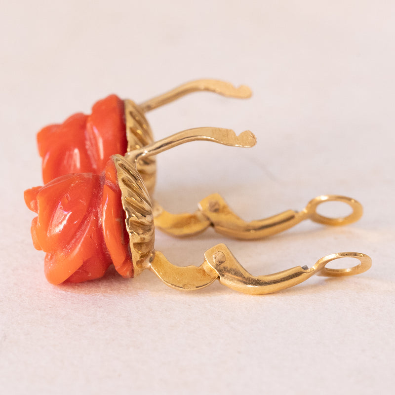 🌹Orecchini vintage a forma di rose in oro giallo 18K con corallo arancione, anni ‘50