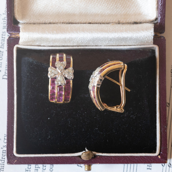 Orecchini vintage in oro 9K con rubini e diamanti, anni ‘80