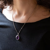 Vintage Halskette aus 14 Karat Weißgold mit Amethyst (ca. 6 Karat) und Diamant (ca. 0.12 Karat) mit Silberkette, 70er