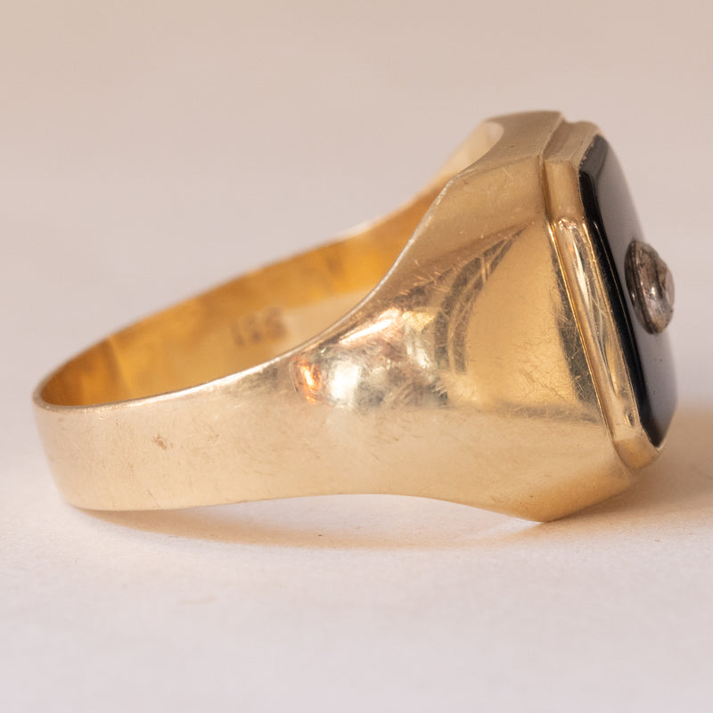 Anello vintage da uomo in oro 9K con onice e pietra bianca imitazione di diamante, anni ‘60