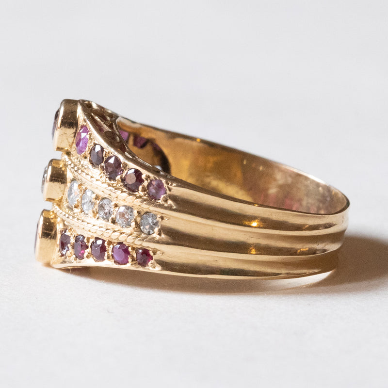 Anello “triplo” vintage in oro 18K con diamanti (0.30ctw ca.) e rubini, anni ‘70