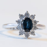 Vintage 18 Karat Weißgold Saphir (ca. 0.50 ct) und Diamanten (ca. 0.05 ctw) Gänseblümchenring, 60er Jahre