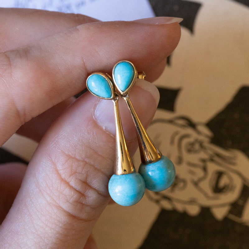 Boucles d'oreilles pendantes vintage en or 8K avec turquoise, années 1950/1960