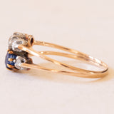 Antike Toi et Moi + Trilogie in 18 Karat Gelbgold und Silber mit Saphir und Diamanten (Mitte ca. 0.10 ct), 10er/20er Jahre