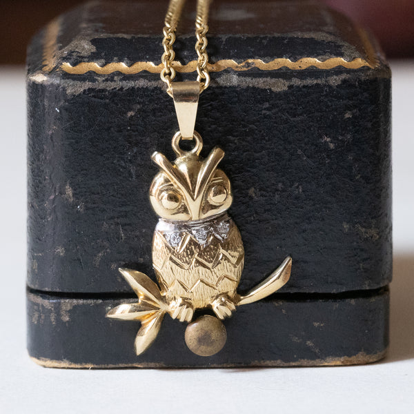 Vintage 8K gold necklace with 8K gold owl pendant with diamonds, 1980s