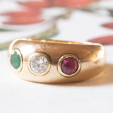 Vintage Gypsy Ring in 18 Karat Gelbgold mit Rubin (ca. 0.30 ct), Diamant (ca. 0.25 ct) und Smaragd (ca. 0.25 ct), 70er Jahre