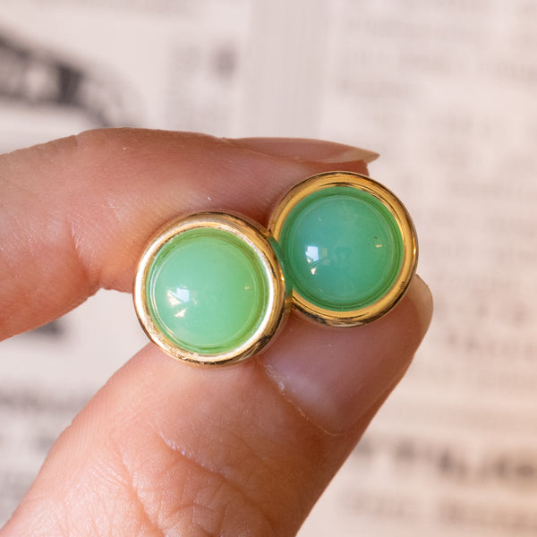 Vintage 9K gold earrings with aqua green chrysoprase, 1960s