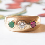 Vintage Gypsy Ring in 18 Karat Gelbgold mit Rubin (ca. 0.30 ct), Diamant (ca. 0.25 ct) und Smaragd (ca. 0.25 ct), 70er Jahre
