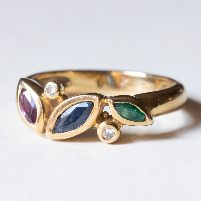 Vintage 14K gold ring with ruby, emerald, sapphire and diamonds (0.05ctw approx.), 1970s / 1980s