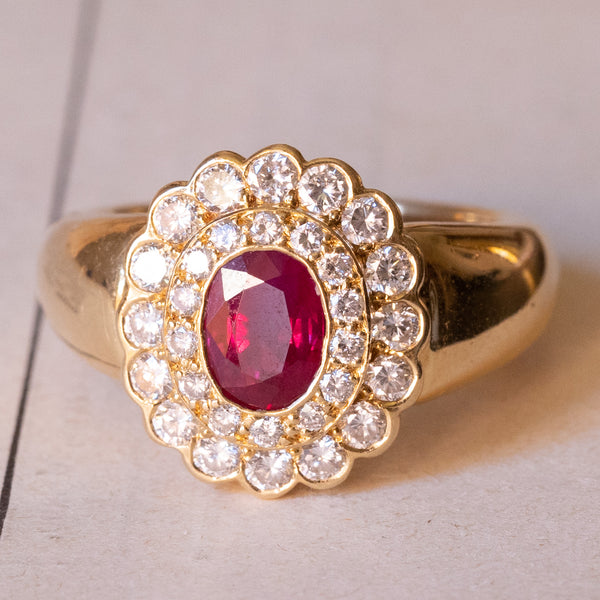 Vintage ring in 18K gold with ruby (approx.1.20ct) and diamonds (approx.0.90ct), 1960s