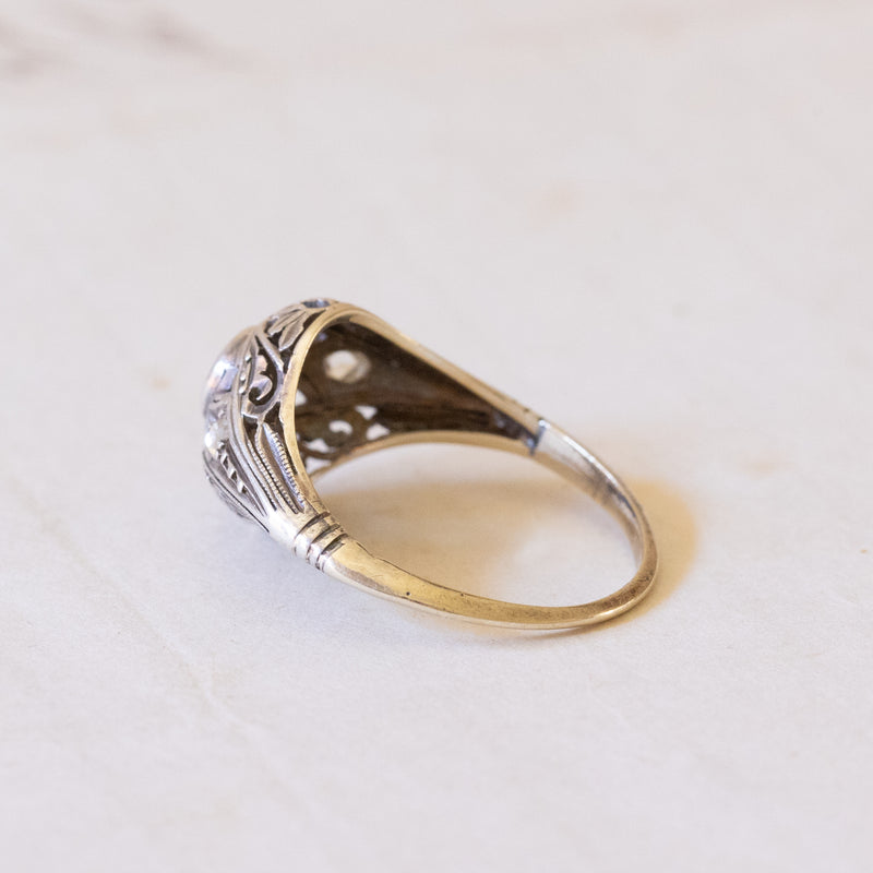 Art Nouveau-Art Deco transition ring in 14K gold and silver with diamonds, 1920s / 1930s