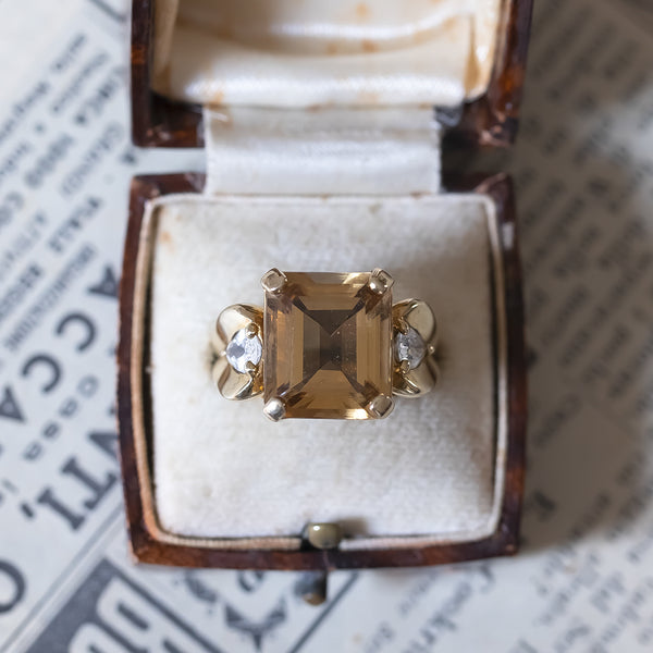 Vintage 9K gold cocktail ring with citrine and white sapphires, 1970s