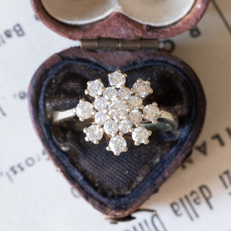Anello vintage a margherita in oro 14K con diamanti di taglio brillante (1ctw ca.), anni '60/'70