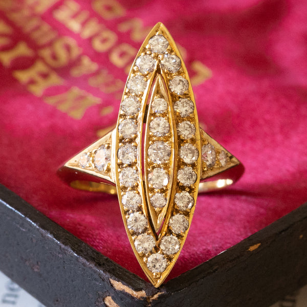 Anello a navette vintage in oro 18K con diamanti (1ctw ca.), anni ‘70