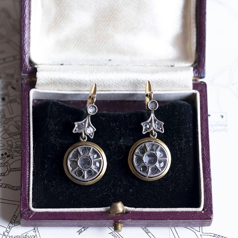 Orecchini antichi in oro 9K e argento con diamanti di taglio rosetta, primi del ‘900