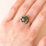 Vintage Ring aus 18 Karat Gelbgold mit gewölbtem Granat, rotem Glas und Türkis, 50er Jahre