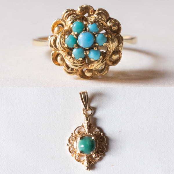 Lotto comprendente anello vintage in oro 18K con turchesi e ciondolo in oro 14K con turchese, anni '50