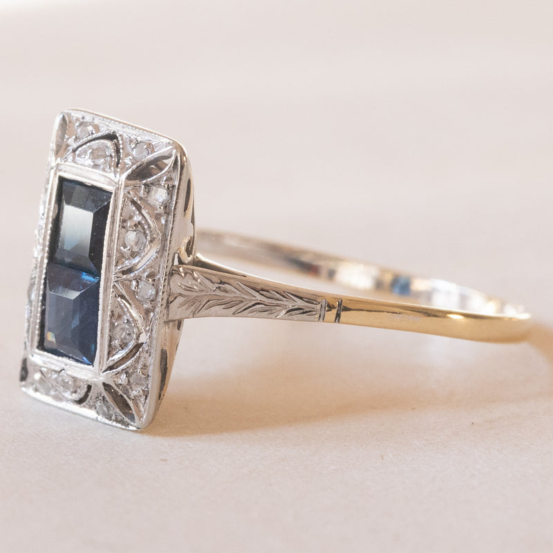 Anello Art Déco in oro giallo 18K e in oro bianco 18K con zaffiri e diamanti, anni ‘30