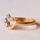 Vintage ring in 18K gold and silver with diamonds and white stone, 50s