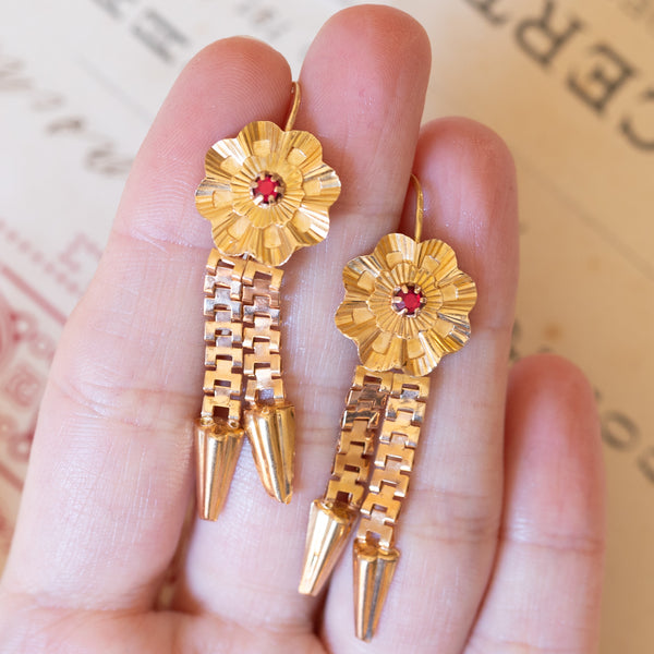 18K gold earrings with red glass paste, 1940s