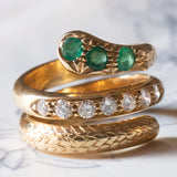 Anello a serpente vintage in oro giallo 18K con smeraldi e diamanti (0.60ctw ca.), anni ‘60