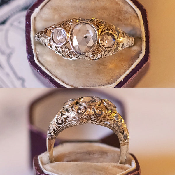Trilogie ancienne en or 18 carats avec diamants roses taille couronne, années 1930