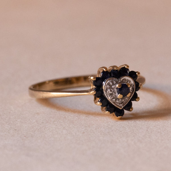 Vintage heart ring in 18K gold with topazes and diamond, 60s / 70s