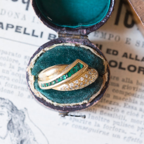 Anello vintage in oro 18K con smeraldi e diamanti, anni ‘70