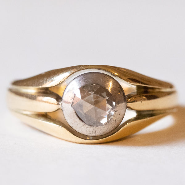 Anello solitario da uomo in oro 18K e argento con diamante di taglio rosetta, anni ‘20/‘30