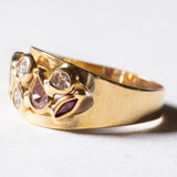 Vintage-Ring aus 18 Karat Gold mit weißer und fuchsiafarbener Glaspaste sowie rosa und orangefarbener Glaspaste, 70er/80er Jahre