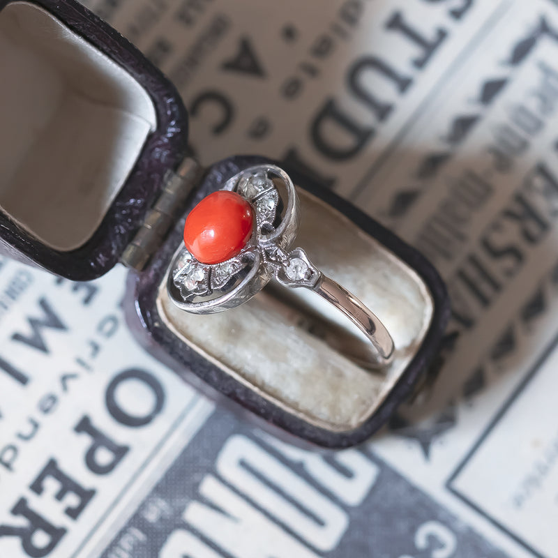 Antique 8K gold and silver ring with coral and white stones, early 1900s