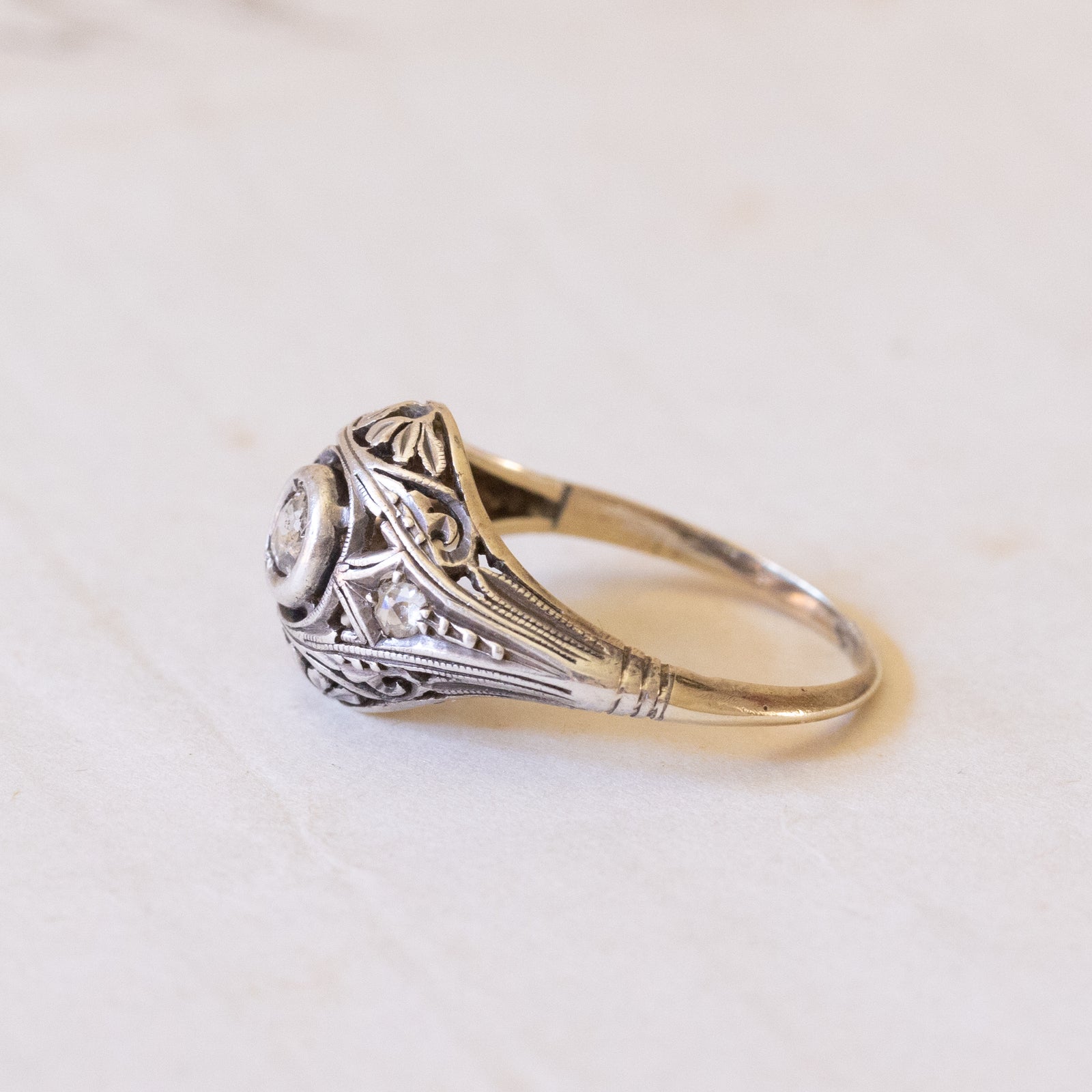 Bague Ancienne Art Déco En Argent Sterling Et Or Avec Zircons - Taille 59, Occasion, Vintage Français