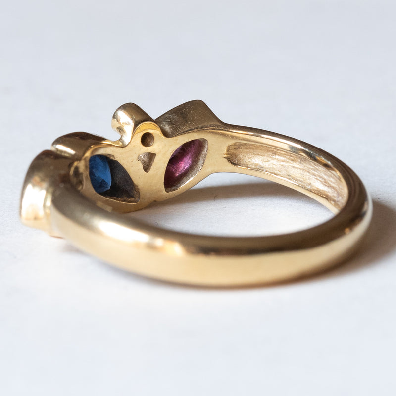 Vintage 14K gold ring with ruby, emerald, sapphire and diamonds (0.05ctw approx.), 1970s / 1980s