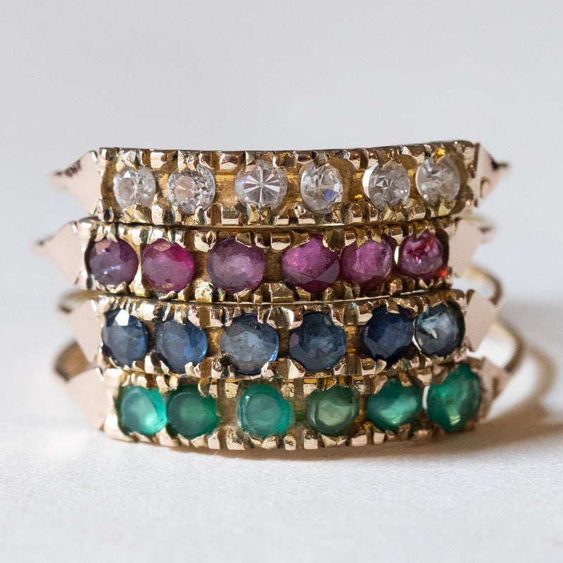 Anello harem vintage in oro 14K con zirconi bianchi, rubini, zaffiri e smeraldi, anni ‘70