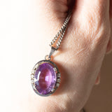 Vintage Halskette aus 14 Karat Weißgold mit Amethyst (ca. 6 Karat) und Diamant (ca. 0.12 Karat) mit Silberkette, 70er