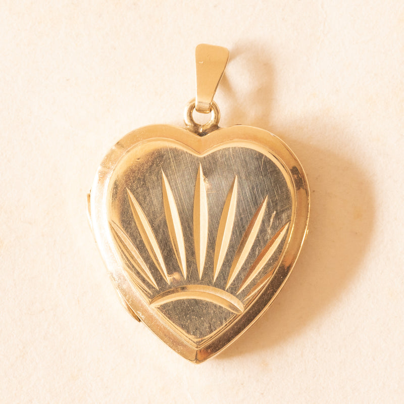 Ciondolo portafoto a forma di cuore vintage con lamina in oro giallo 9K su metallo, anni ‘70