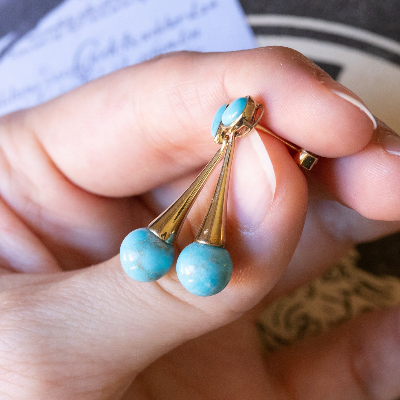 Boucles D'oreilles Anciennes - Tête De Panthère En Turquoise - Plaqué Or - Style Vintage - Occasion