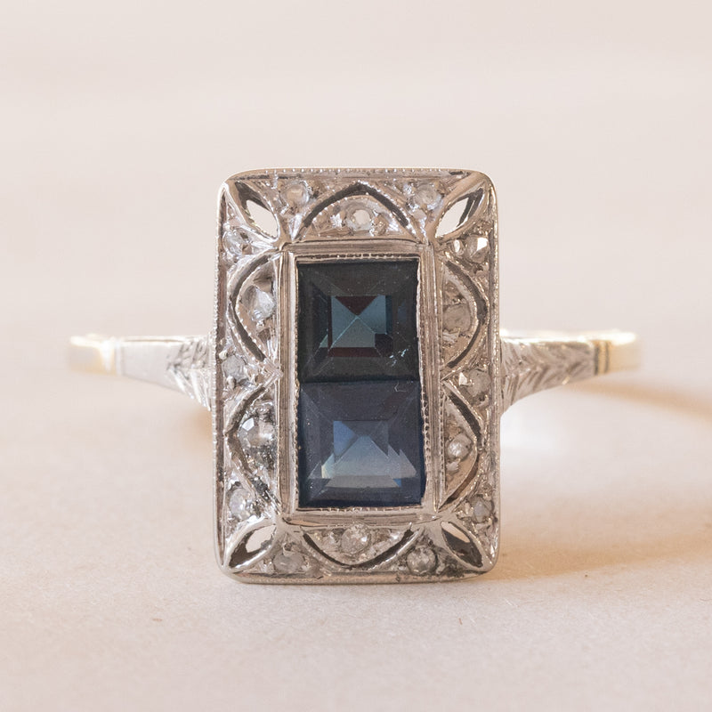 Anello Art Déco in oro giallo 18K e in oro bianco 18K con zaffiri e diamanti, anni ‘30