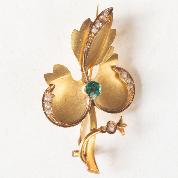 Spilla vintage in oro 18K con pasta di vetro verde e perline, anni ‘50