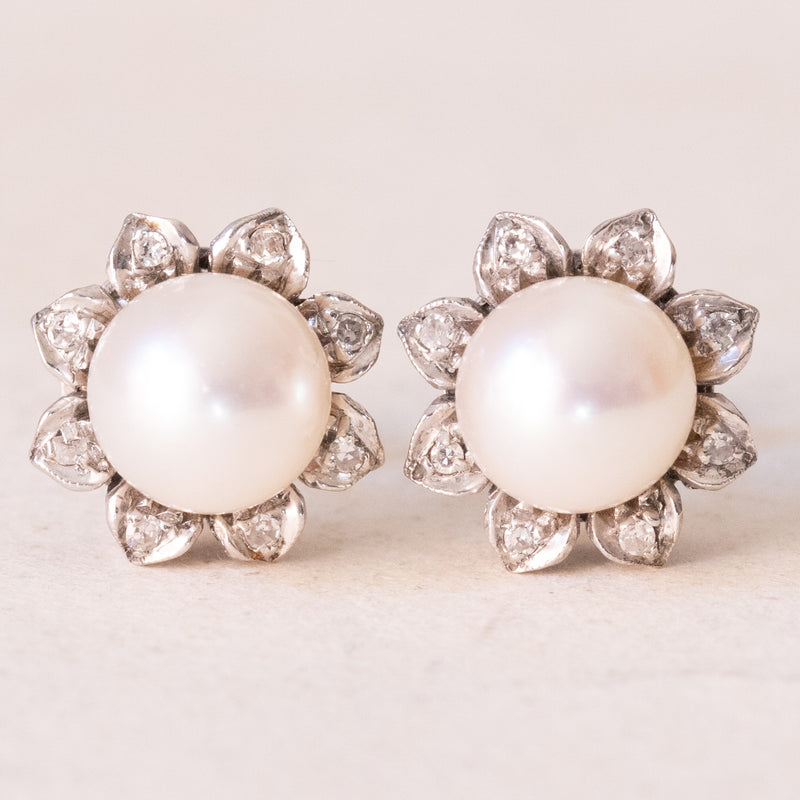 🌸Orecchini vintage in oro bianco 18K con perle e diamanti, anni ‘60