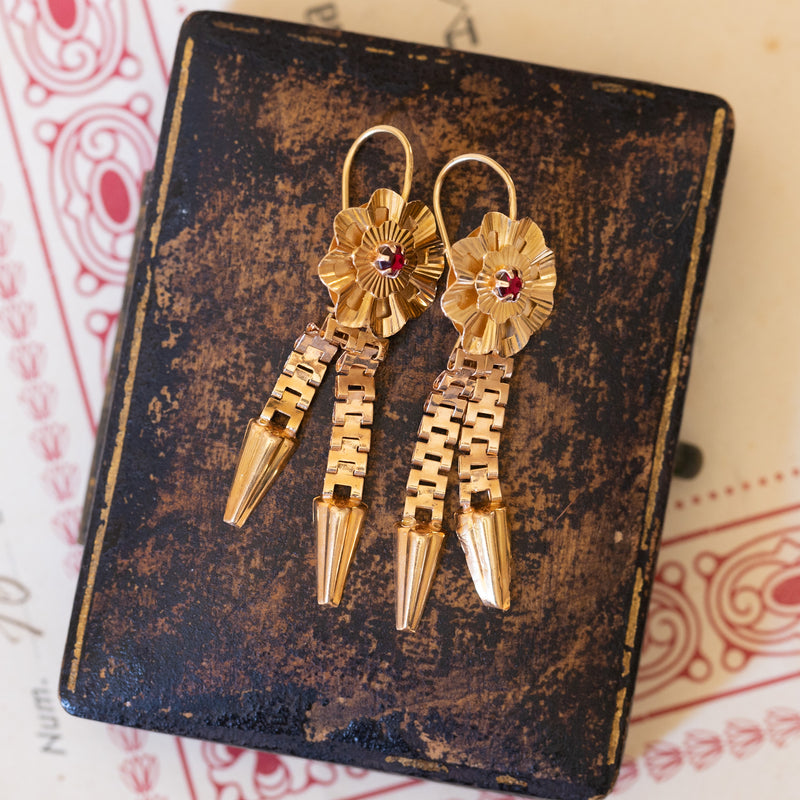 18K gold earrings with red glass paste, 1940s