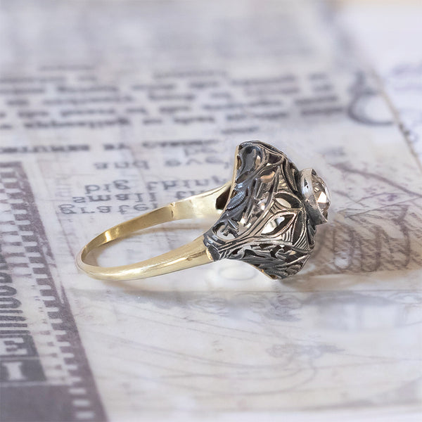 Anello Art Nouveau in oro 14K e argento con diamante di 0.50ct ca., anni ‘20