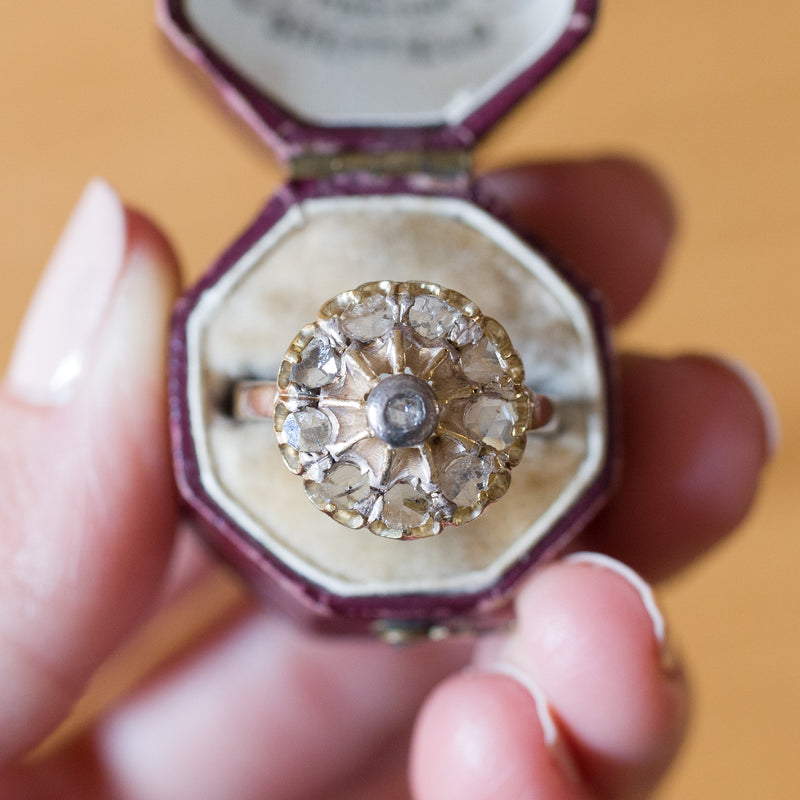 Antique 18K gold and silver daisy ring with diamonds, early 1900s